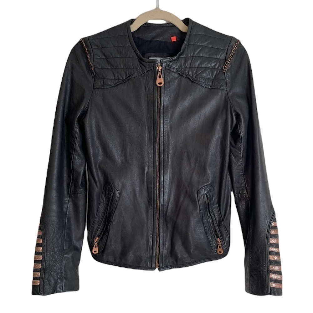 DOMA Leather jacket coat Moto Biker full zip solid black small motorcycle goth S